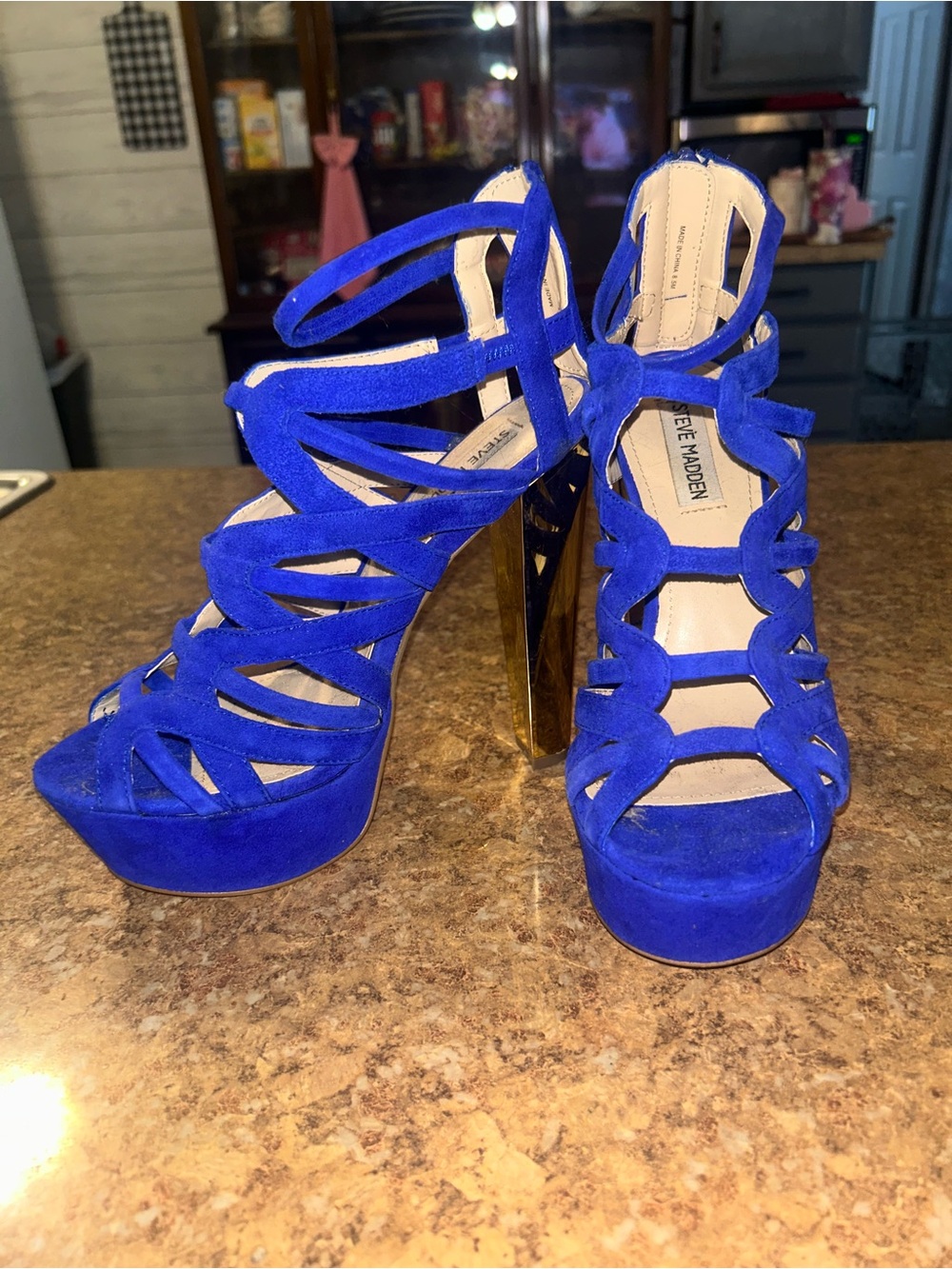 Steve Madden Cobalt Blue Suede Strappy Platform Sandals with Gold Block Heel